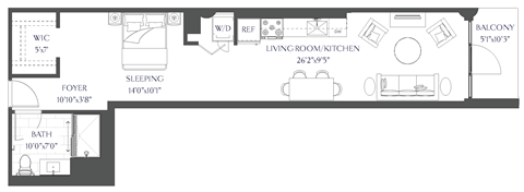 Floor plan for studio, 1 bath, 688 sqft